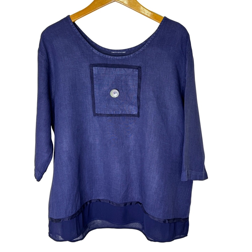 Lagenlook Linen Blue Top With‎ Button L/XL Made in USA